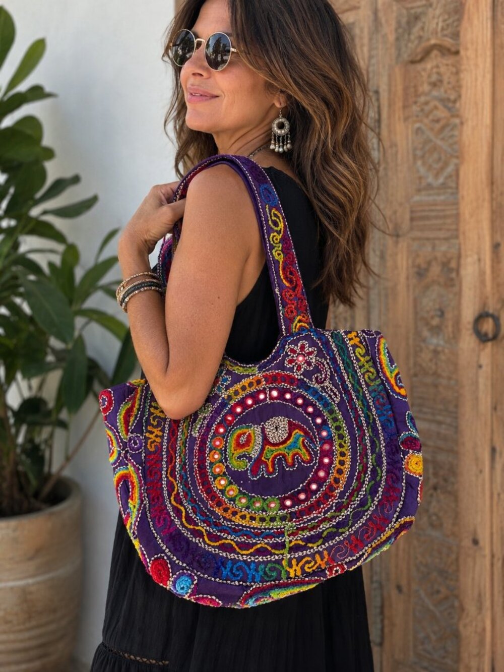 Bohemian Indian Embroidered Elephant Tote Bag Purple Multicolor Boho Ethnic